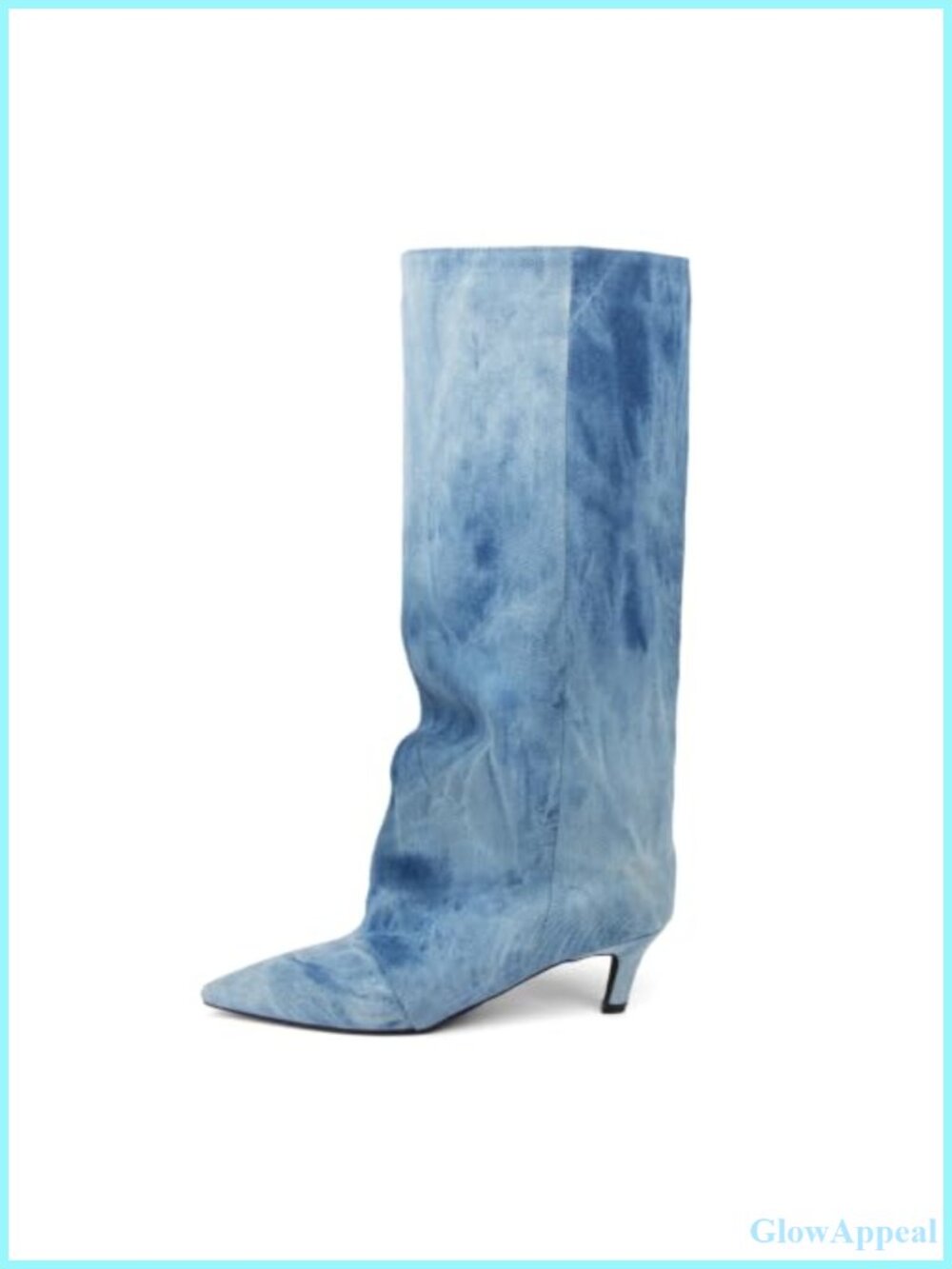 Knee High Boots Pointed Toe Kitten Heel Fold Over Pull On Slouchy Denim Boots